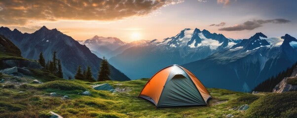 Perfect camping place high in the mountains with tent in summer season, banner. Generative Ai. - obrazy, fototapety, plakaty