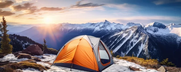 Fotobehang Perfect camping place high in the mountains with tent in winter season, banner. Generative Ai. © annamaria