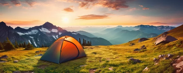 Fotobehang Perfect camping place high in the mountains with tent in summer season, banner. Generative Ai. © annamaria