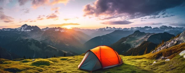  Perfect camping place high in the mountains with tent in summer season, banner. Generative Ai. © annamaria