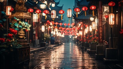 a street with lanterns and flowers - obrazy, fototapety, plakaty