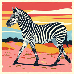 Fototapeta na wymiar Zebra Trotting in a Technicolor Savanna. Vector Icon Illustration. Animal Nature Icon Concept Isolated Premium Vector. 