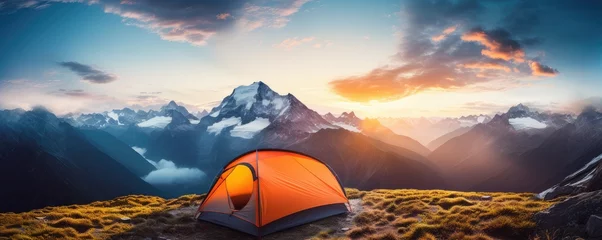 Foto op Canvas Perfect camping place high in the mountains with tent in summer season, banner. Generative Ai. © annamaria