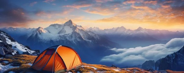 Foto op Canvas Perfect camping place high in the mountains with tent in winter season, banner. Generative Ai. © annamaria