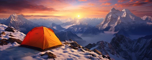Fotobehang Perfect camping place high in the mountains with tent in winter season, banner. Generative Ai. © annamaria