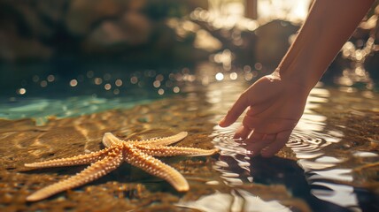 A hand gently touching a starfish in golden sunlit water - obrazy, fototapety, plakaty