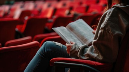 Young woman reading in empty red theater seats, immersed in story - obrazy, fototapety, plakaty