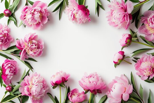 Pink peonies and green leaves artfully arranged in a circle on a white background copy space