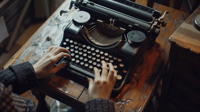 Close-up of hands typing on an antique typewriter, storytelling in progress