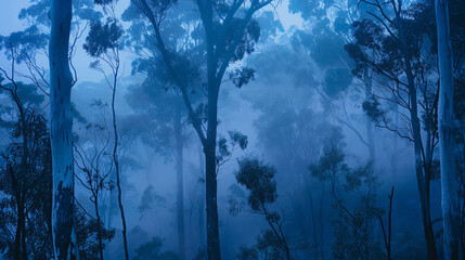A serene morning mist enveloping a quiet forest at dawn. - obrazy, fototapety, plakaty