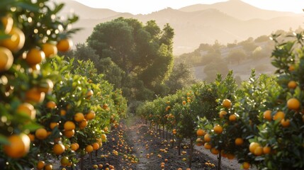 A citrus grove, with rows of orange and lemon trees stretching into the distance