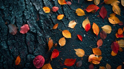 A minimalist shot of autumn leaves, with a few colorful leaves scattered on the ground