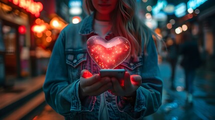 Obraz premium A person in casual clothes views holographic heart on phone indoors. Concept Casual Wear, Holographic Display, Technology, Indoor Setting, Virtual Reality
