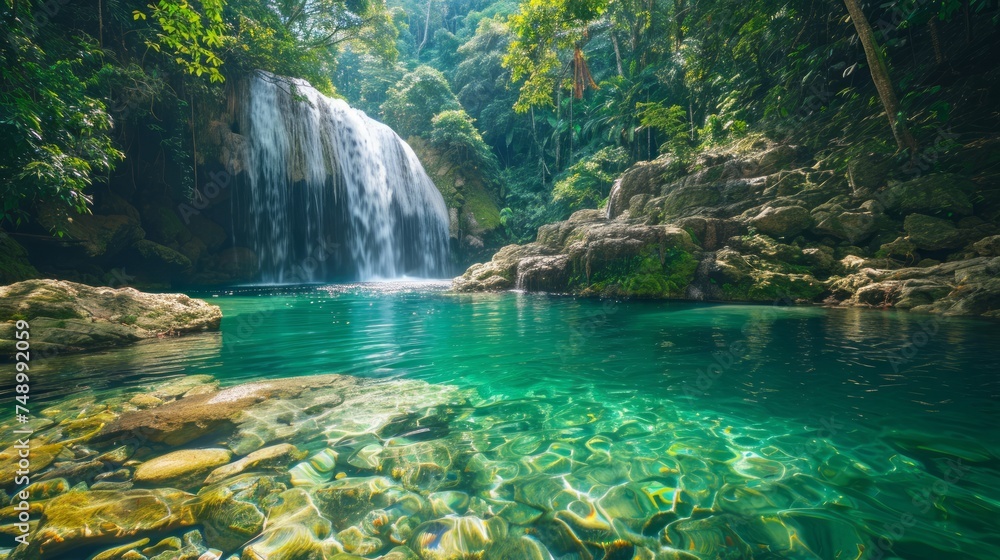 Wall mural a waterfall, with crystal-clear water cascading over rocks into a serene pool below