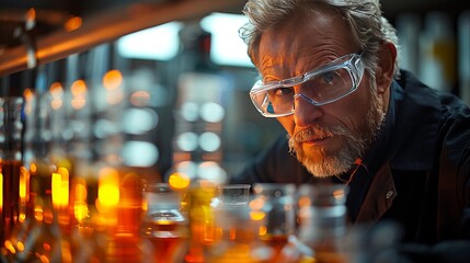 A man in safety glasses is working in a laboratory - obrazy, fototapety, plakaty