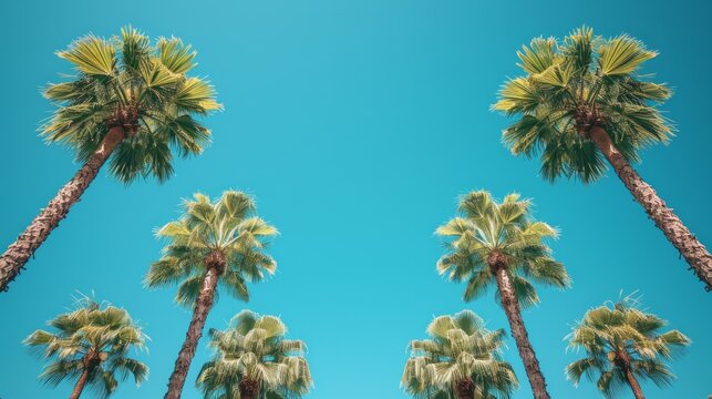 A minimalist composition of tall palm trees against a bright blue sky