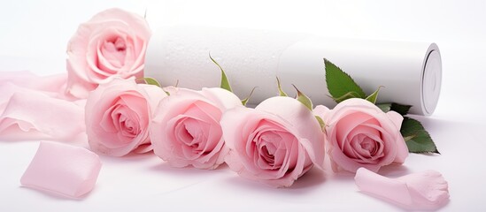 A roll of toilet paper is placed next to a bunch of pink roses. The roses are isolated against a white background, with the toilet paper roll in focus.