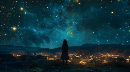 Virtual timelapse animation Girl navigates alien village under a starry sky. Concept Animation, Girl, Alien Village, Starry Sky, Timelapse