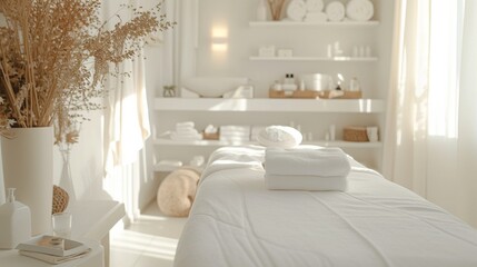 Beautiful spa elements on the massage table in the wellness center. Massage on light wooden background. blur living room, natural creams and moisturizing Healthy lifestyle