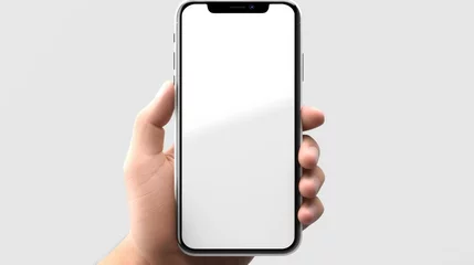 Fotobehang Mobile phone mockup with blank white screen in human hand, 3d render illustration put on a sweater, hold a smartphone Mobile digital device in arm isolated on white © pinkrabbit