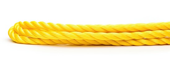 A durable yellow plastic rope is neatly presented on a clean white background, creating a striking visual contrast.