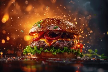 Delicious hamburger photography, explosion of flavors
