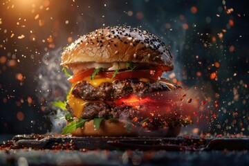 Delicious hamburger photography, explosion of flavors