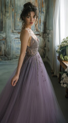 Fototapeta premium Atmospheric portrait of a girl in a lavender evening dress.