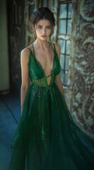 Atmospheric portrait of a girl in a green evening dress.