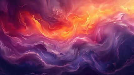 Digital artwork mimicking flowing, vibrant fluids in purple, red, orange, and blue swirls. Represents cosmic nebulas or dynamic fluid motion. Warm and cool colors create entrancing visual effect. - obrazy, fototapety, plakaty