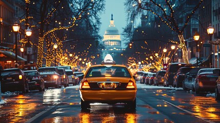 A yellow taxi car moves through the rainy city streets at night