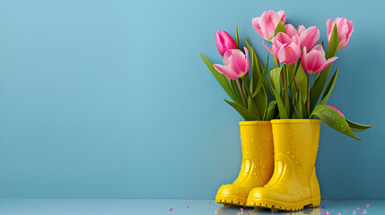 Yellow rubber boots with spring tulip flowers on blue background. - obrazy, fototapety, plakaty