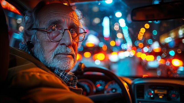 An Elderly Man Is Driving A Car At Night