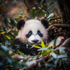Adorable Baby Panda Cub Resting Among Bamboo Leaves