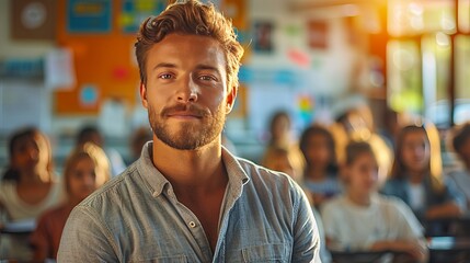 A man with a beard is smiling in front of a crowd of students in a classroom