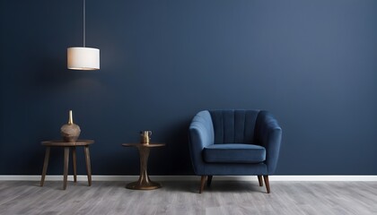 Chic An armchair in the interior against a blank dark blue wall backdrop gives the area depth and refinement.