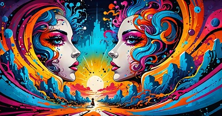 Surreal faces mirror each other against a cosmic backdrop, exuding a sense of mystical duality. The fusion of warm and cool colors illustrates the harmony of contrasts. AI generation AI generation