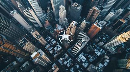 Foto op Plexiglas A single drone capturing aerial footage over a bustling city. © Thomas