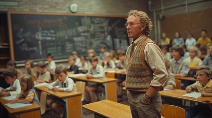 a man is standing in front of a classroom full of students