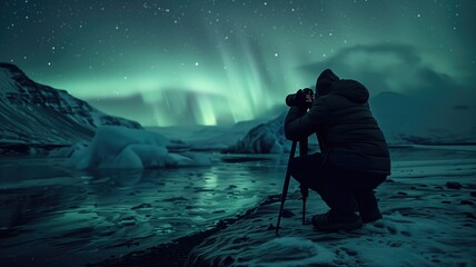 Fototapeta premium Photographer in winter gear taking photos of stunning aurora borealis over icy landscape