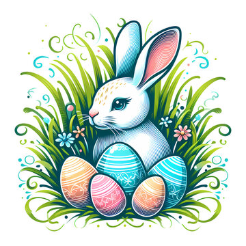 Happy easter day. llustration of easter bunny with easter eggs and flowers on transparet background