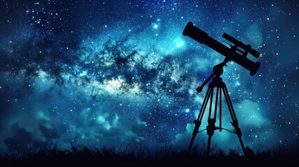 A silhouette of a telescope outlined against a mesmerizing starry night sky