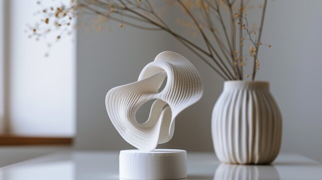 Sculptural white 3D-printed art piece on display, with a textured vase and dried flowers in background