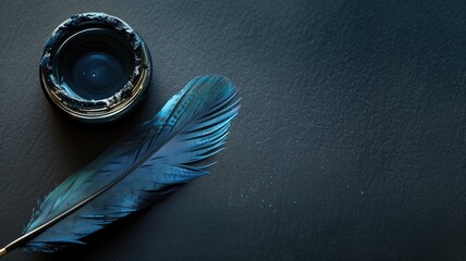 A quill next to an open ink bottle on a dark surface - obrazy, fototapety, plakaty