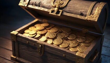 A lot of anciend gold coins and doubloons in a chest