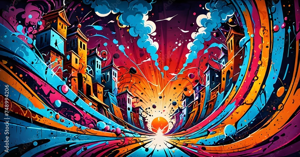 Poster an abstract explosion of color frames an enigmatic urban landscape. the artwork evokes a powerful se