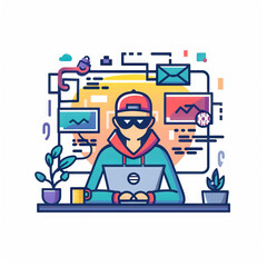 Ethical Hacker Testing Cybersecurity - Tech Company. Vector Icon Illustration. Job Icon Concept Isolated Premium Vector. 