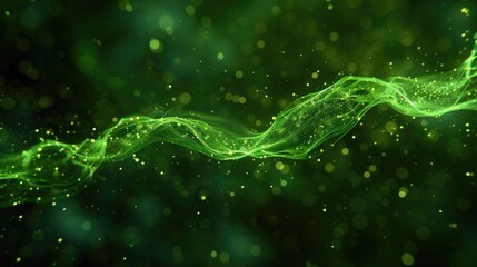 Futuristic digital illustration with wavy green form representing energy and motion.