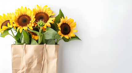 Sunflowers with green leaves in paper bag on white background.