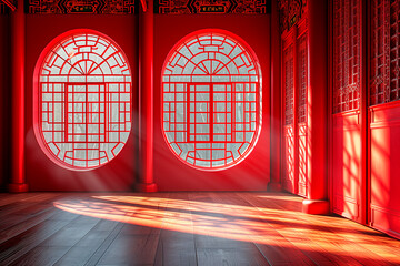 Beautiful original background image of a luxurious red empty room in Chinese style and a minimalist wooden floor with a play of light and shadow on the walls and floor.